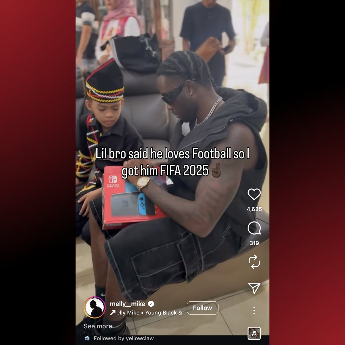 ‘Young Black &amp; Rich’ rapper Melly Mike and boat kid Rayyan Arkan Dhika link up as he gifts him a Nintendo Switch:

“Lil bro said he loves Football so I got him FIFA 2025 ✌🏿”