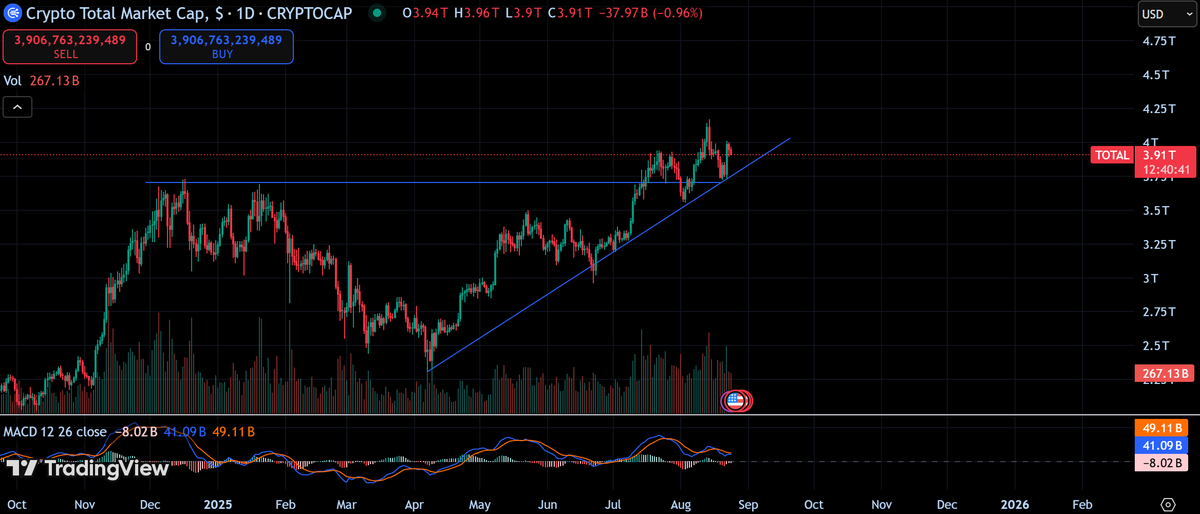 The total crypto market cap is sitting at $3.91T.

• It flipped major resistance from late 2024 into support
• Now retesting that zone as new support
• Strong ascending trendline still intact
• Volume backing the move

If $3.9T holds, next stop is $4.3T+