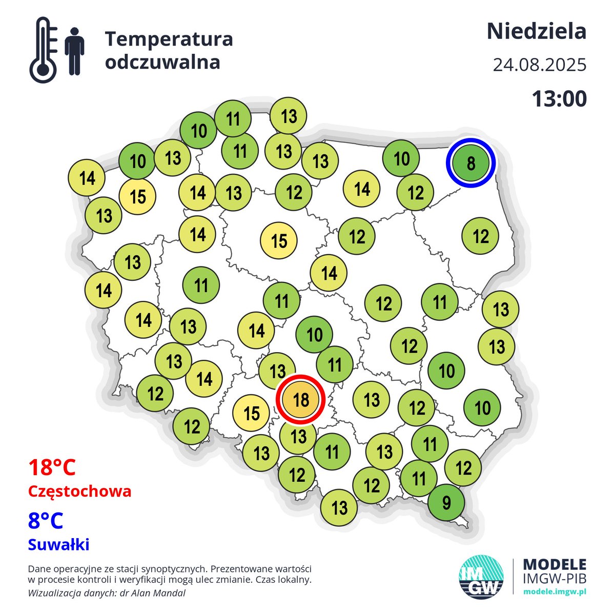 Temperatura powietrza i odczuwalna o godzinie 13:00.