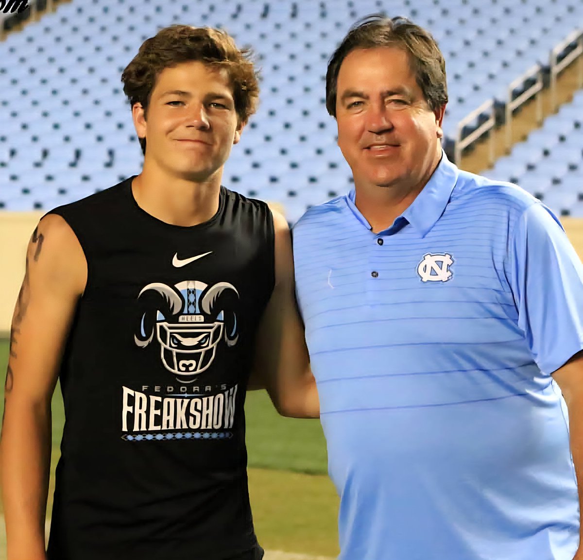 A very young Drake Maye, former Carolina Great and Current New England  Patriots Quarterback and his father Former Carolina QB Mark Maye at the  2018 Freakshow in Chapel Hill. #UNCFootball #Kenan #UNCommon #