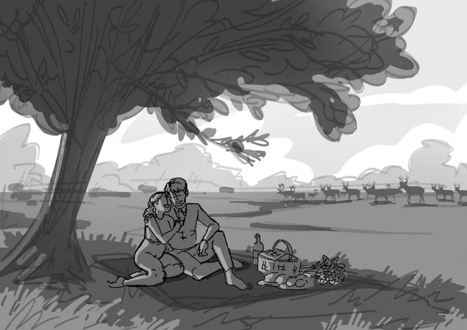 Process for this cmmission! Had lots of fun exploring ideas for this piece since it was mostly up to me!! It's so sweet that they chose the picnic concept because they actually had a picnic the day they were engaged I feel honored to have brought a special moment to life!!