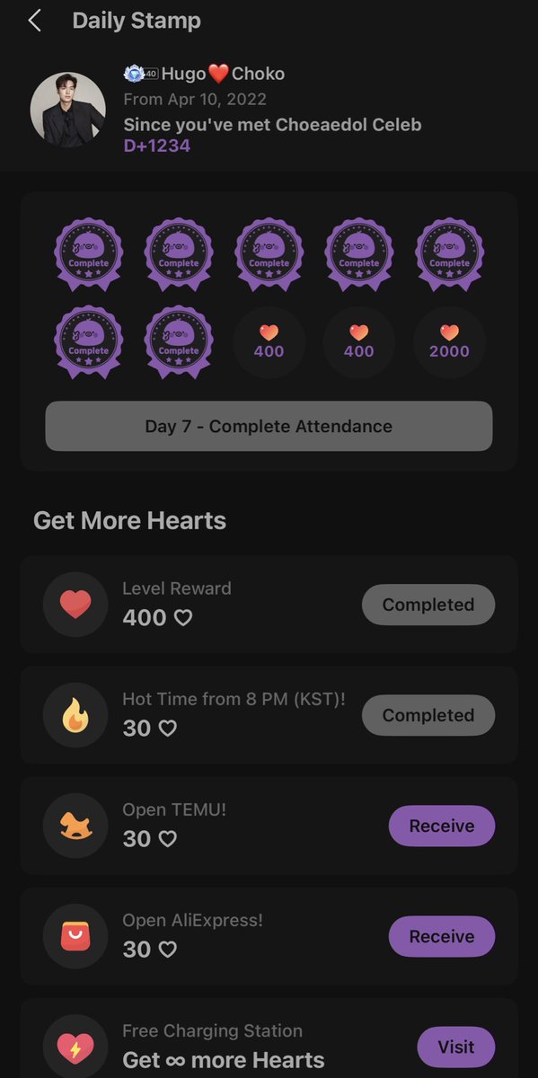 MinhoKKCh032822's tweet photo. Hugo Choko marks an incredible 1,234 days of dedication, earning a complete set of daily stamps and epic rewards, including 2,000 hearts! 🎉
#HugoChoko #DailyStamp #1234Days #RewardMilestone #Dedication
Thrilled to support actor Lee Min Ho’s charity events through the amazing @MyloveactorEn and community! 💖
#LeeMinHo #CHOEAEDOL #Charity