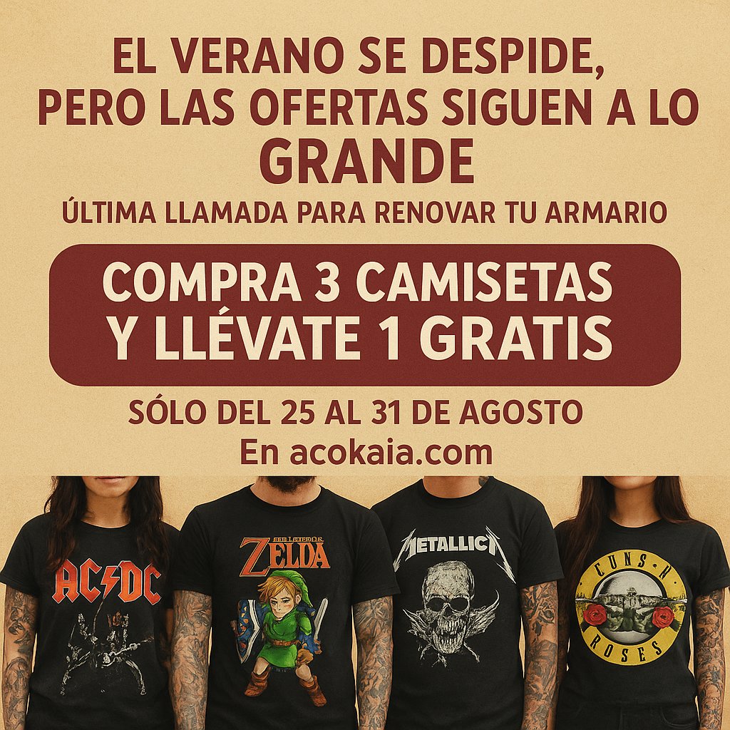 👕🔥 El verano se despide, pero las ofertas siguen a lo grande.
👉 Compra 3 camisetas y llévate 1 GRATIS
📅 Solo del 25 al 31 de agosto
🛒 acokaia.com 
#Acokaia #3x1 #CamisetasOriginales #OfertaEspecial #CulturaPop #ModaAlternativa #EstiloUrbano