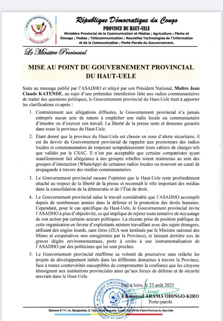 YvesBuya1's tweet photo. #RDC Mise au point du Gouvernement provincial du Haut-Uele aux allégations tenues par l'activiste, @JeanClaudekat2 
Doc! https://t.co/8ZmWougAHF