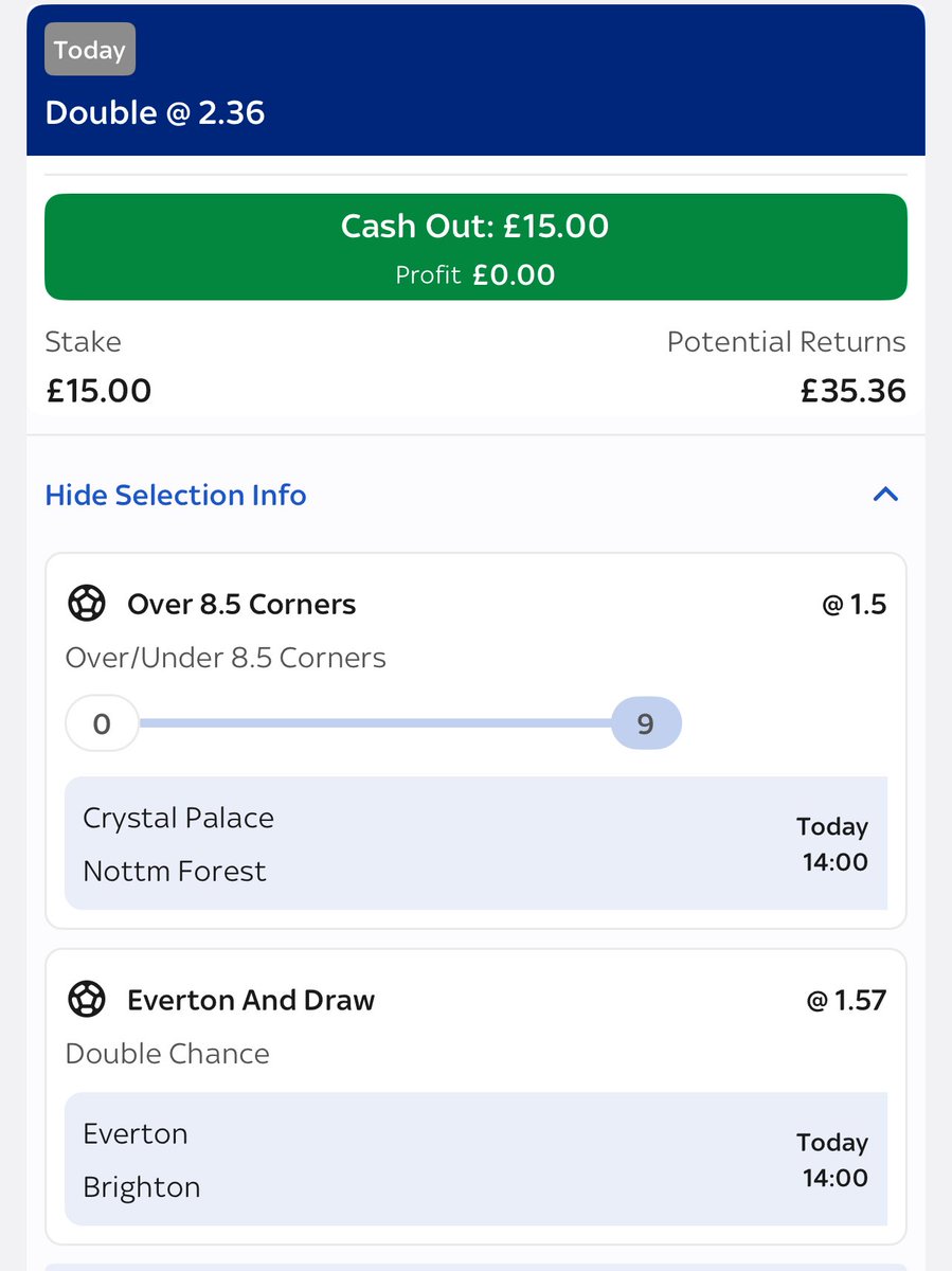 Todays Double! ⚽️ 

🏟️ Palace Vs Forest 
✏️ Over 8.5 Corners 

🏟️ Everton Vs Brighton 
✏️ Everton or Draw 

Odds - 2.36 
Stake - £15! 

Go follow on TikTok! 💪 

tiktok.com/@smartstaking?…