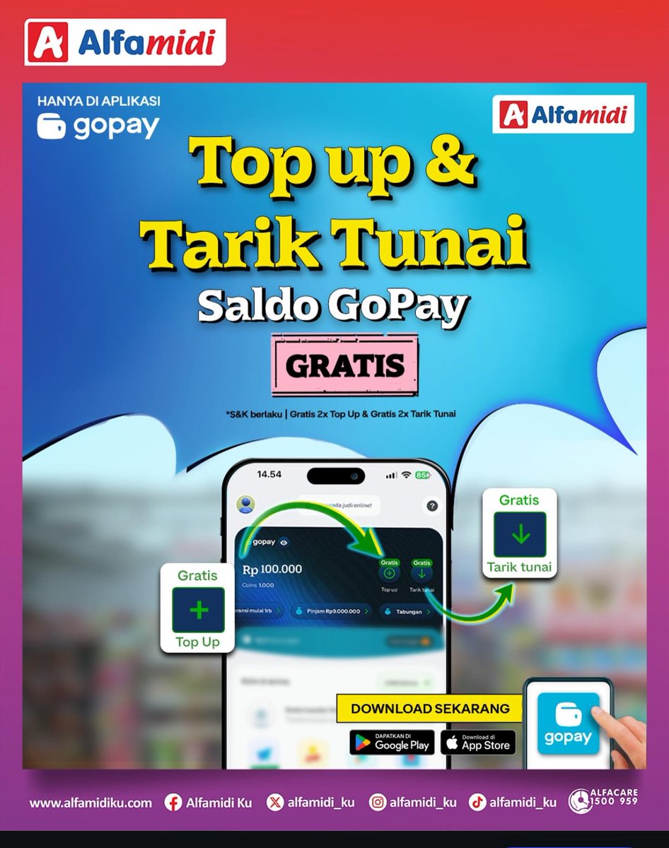 alfamidi_ku's tweet photo. Top Up &amp; Tarik Tunai GoPay di Alfamidi sekarang bisa GRATIS, lho! 😍

Nggak cuma satu, tapi GRATIS 2x top up dan tarik tunai!
Langsung dari aplikasi aja 📲

#Alfamidi #GoPay #GratisTanpaRibet #PromoAlfamidi #TopUpGoPay #TarikTunaiGoPay #BelanjaPintar https://t.co/n0fD5rmrg3