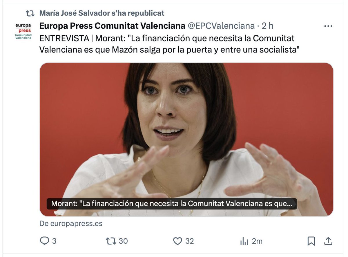 "La financiación que necesita la Comunitat Valenciana es que Mazón salga por la puerta y entre una socialista".
Es veu que <a href="/DianaMorantR/">Diana Morant</a> ha oblidat que <a href="/ximopuig/">Ximo Puig</a> fou president de la <a href="/generalitat/">Generalitat</a> 8 anys amb <a href="/mjmonteroc/">María Jesús Montero</a> de ministra de <a href="/Haciendagob/">Ministerio de Hacienda</a>.
Recordeu: el <a href="/PSOE/">PSOE</a> no és de fiar.