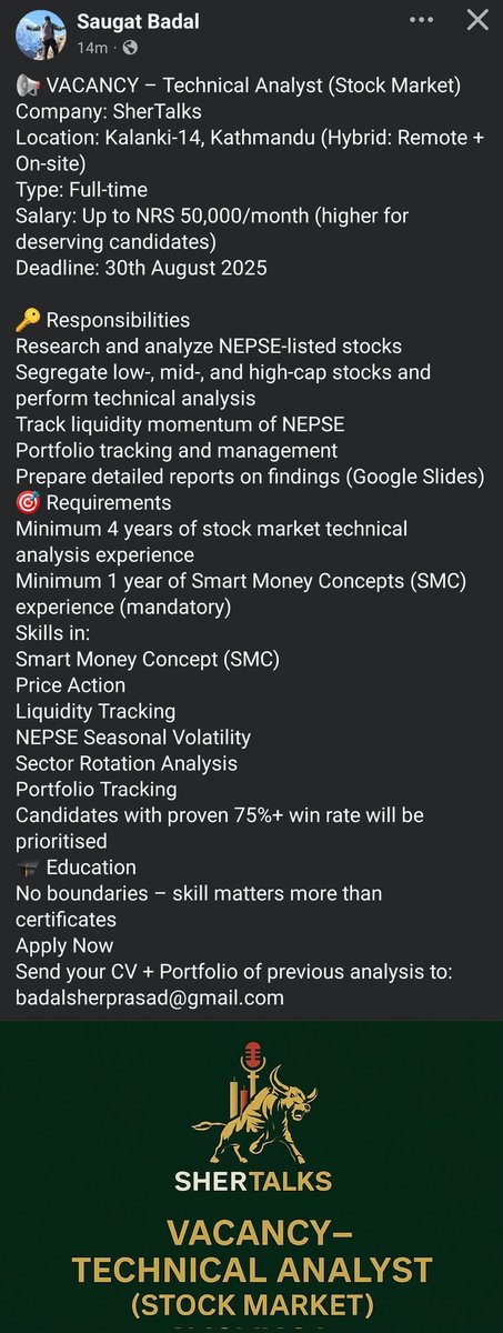 Vacancy for Technical Analysis 40k per month.

Smart money concept with 75% win rate 🤡

Job requirement twitter ko bigya haru ko pani napugne reicha. 😂