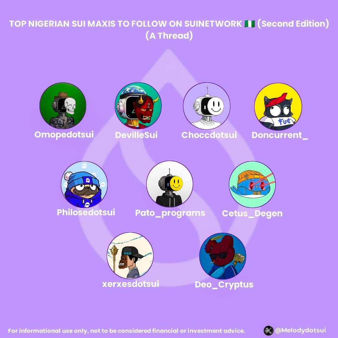 TOP NIGERIAN SUI MAXIS TO FOLLOW (SECOND EDITION) 🇳🇬
(A Thread 🧵)

This edition highlights more of the voices making waves in <a href="/SuiNetworkNG/">Sui Nigeria Community</a>.

If you’re riding with this movement, you’ll want to be tapped in with <a href="/Melodydotsui/">Melody.Sui</a> for the freshest $SUI vibes.

Let’s dive in 👇