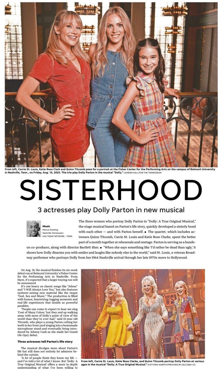 Marcus K. Dowling (@marcuskdowling) on Twitter photo "Dolly: A True Original Musical"'s <a href="/katieroseclarke/">Katie Rose Clarke</a>, <a href="/carriestlouis/">Carrie St. Louis</a>, Quinn Titcomb in Sunday's (8/24) <a href="/Tennessean/">Tennessean</a>. "Dolly: A True Original Musical"'s <a href="/katieroseclarke/">Katie Rose Clarke</a>, <a href="/carriestlouis/">Carrie St. Louis</a>, Quinn Titcomb in Sunday's (8/24) <a href="/Tennessean/">Tennessean</a>.