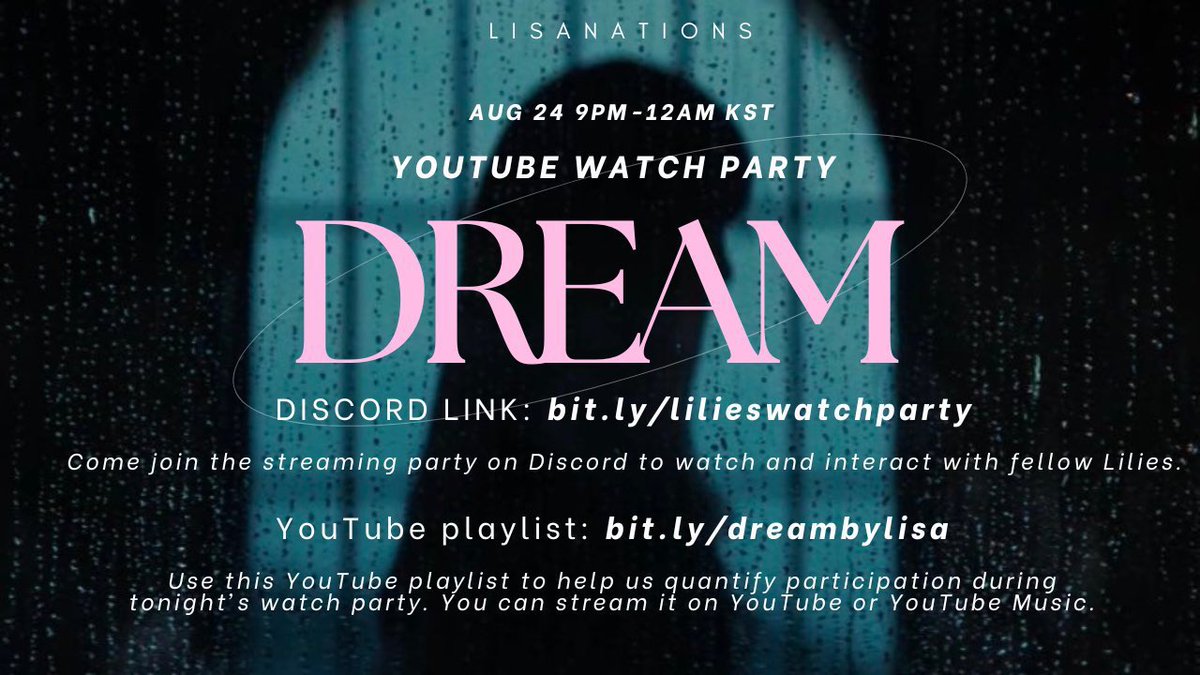 #LISAxDREAM YouTube Watch Party! 🎉

📍 Únete a nosotros en Discord y disfruta viendo junto con otros Lilies.

✨ ¡Mira en el póster o los comentarios para el enlace de Discord y la playlist de YouTube!
