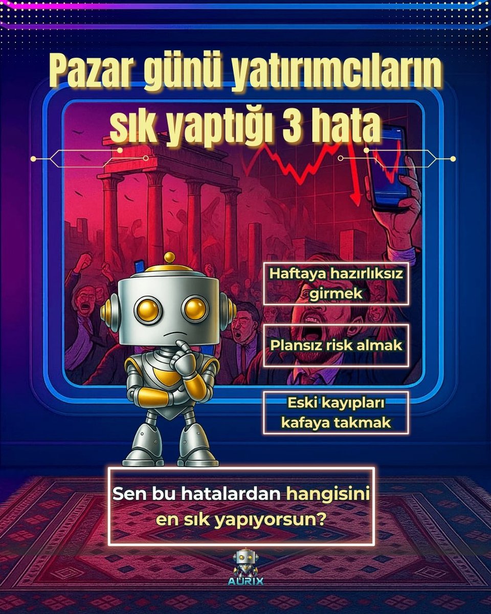 ⚠️ Pazar günü yatırımcıların sık yaptığı 3 hata:
❌ Haftaya hazırlıksız girmek
❌ Plansız risk almak
❌ Eski kayıpları kafaya takmak
👉 Sen bu hatalardan hangisini en sık yapıyorsun?
#Aurix #YatırımPsikolojisi #FinansalZeka