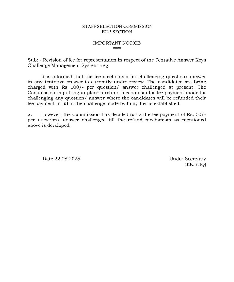 SSCorg__in's tweet image. Revision of fee for representation in respect of the Tentative Answer Keys Challenge Management System -reg