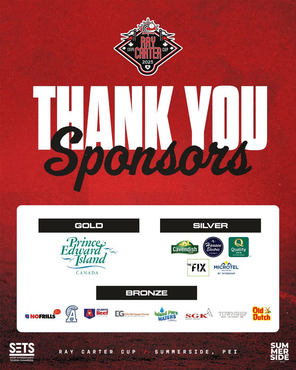 Thank you to all the sponsors who are making the 2025 Ray Carter Cup baseball National Championship possible 🙌

#SummersideBaseball | <a href="/summersidePEI/">City of Summerside</a> | <a href="/baseballcanada/">Baseball Canada 🇨🇦⚾️</a> | <a href="/tourismpei/">TourismPEI</a>