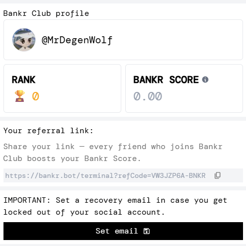 Bankr Club 资料截图，显示排名和评分