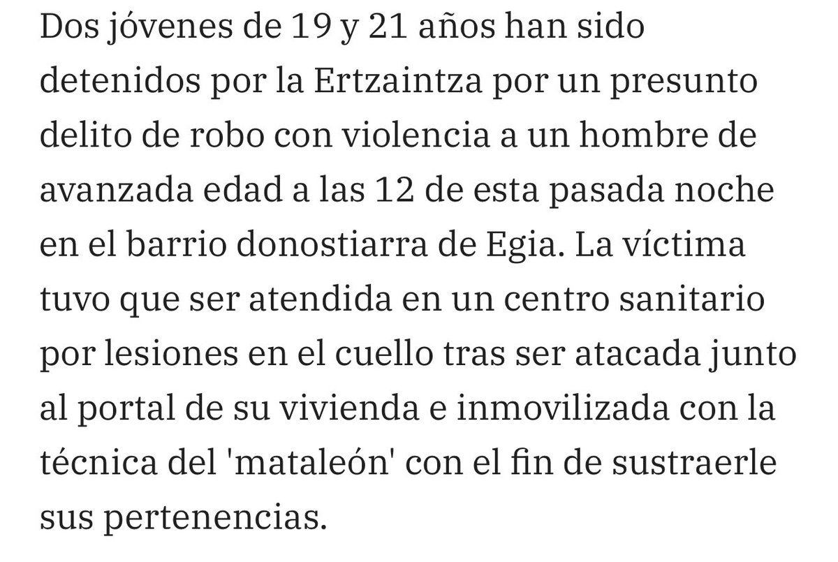 San Sebastián.

12 de la noche. Un señor de 83 años, inconsciente porque dos (jóvenes, ya sabéis) le asfixian. 

Todo normal. Ahora que te cuenten que esto ha pasado toda la vida.