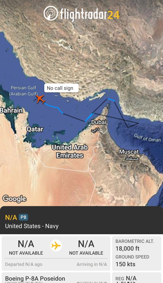 sipjack1776's tweet photo. P-8A 🇺🇲
#AE67AF
Operating over the Hormuz Strait/Persian Gulf
@Borrowed7Time @N214WN https://t.co/LxX22Ukyaf