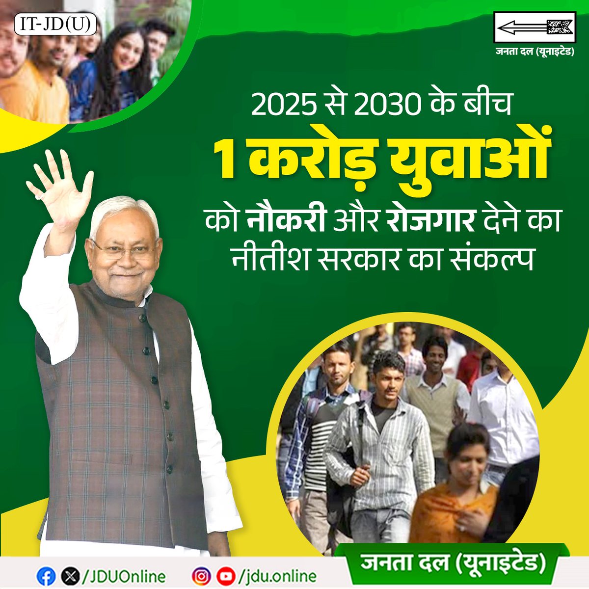 Jduonline's tweet image. लक्ष्य बड़ा है, मजबूत हैं इरादे। 
अगले 5 सालों में 1 करोड़ से अधिक युवाओं के सपने होंगे साकार।

#RojgarMatlabNitishSarkar #DhanyawadNitishSarkar
#2025FirSeNitish #2025_फिर_से_नीतीश
#JDU #NitishKumar #Bihar #NitishModel