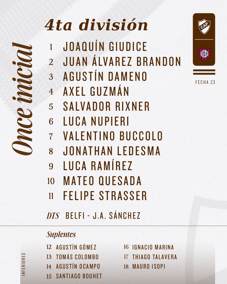 Semillero Calamar (@inferiorescap) on Twitter photo #JuvenilesLPF 🙌🏻 ¡Buen domingo familia Calamar🦑!
📌 Se completa la 23ª fecha 🆚 <a href="/SanLorenzo/">San Lorenzo</a> en el Bajo Flores.
📋 Así forma la #Cuarta del Marrón.
#SiemprePlatense🤎 #JuvenilesLPF 🙌🏻 ¡Buen domingo familia Calamar🦑!
📌 Se completa la 23ª fecha 🆚 <a href="/SanLorenzo/">San Lorenzo</a> en el Bajo Flores.
📋 Así forma la #Cuarta del Marrón.
#SiemprePlatense🤎