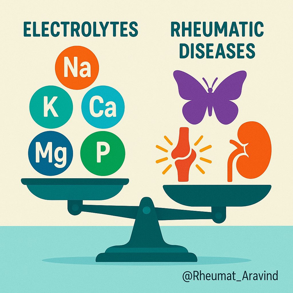 Rheumat_Aravind's tweet image. 🧵 Electrolytes &amp;amp; Rheumatology: Causes, Clues &amp;amp; Clinical Care👇
1/10
💧 Electrolyte disturbances are common and impactful in rheumatology. Causes range from medications to systemic disease effects. Understanding these helps prevent complications and guides treatment.