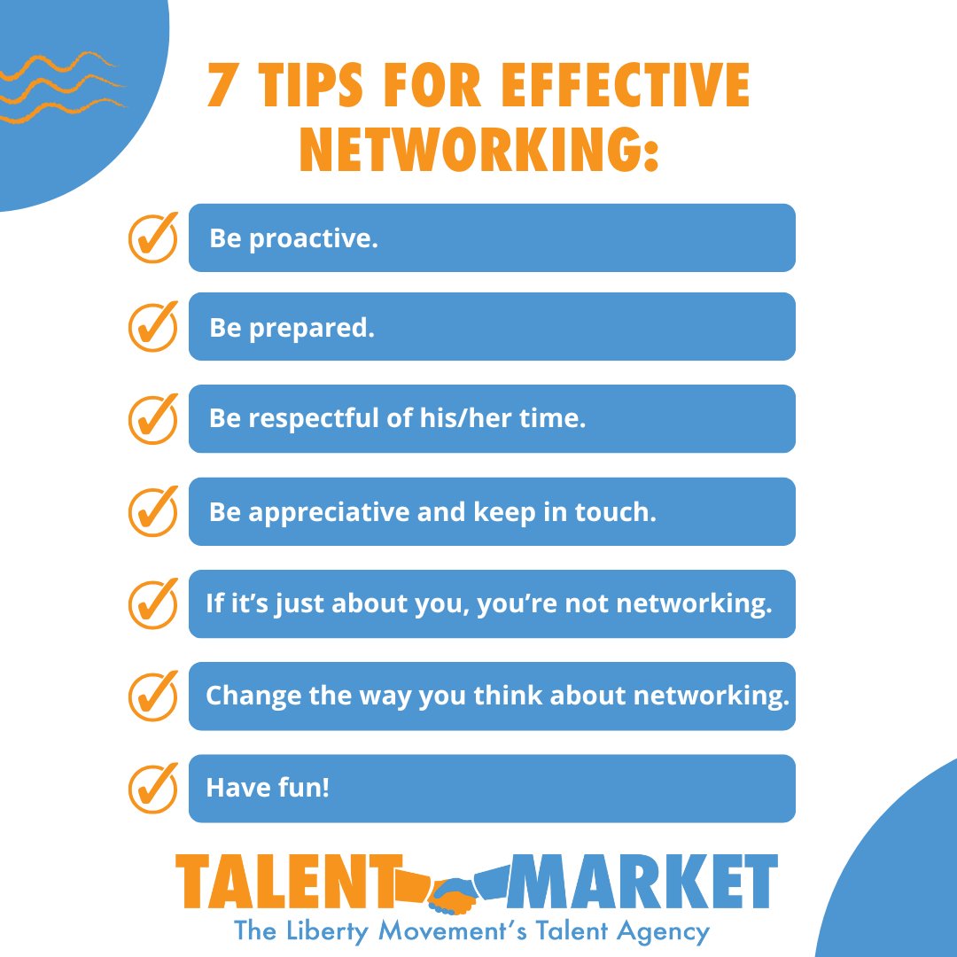 TalentMarket's tweet image. Headed to the @StatePolicy Annual Meeting this week? We thought it might be a good time to revisit a Talent Tip from our archive on Talent Market&apos;s Top Seven Tips for Effective Networking. Read more: talentmarket.org/talent-tip-107… 
#TalentMarketTip #Talenttip #Networkingadvice #spnam