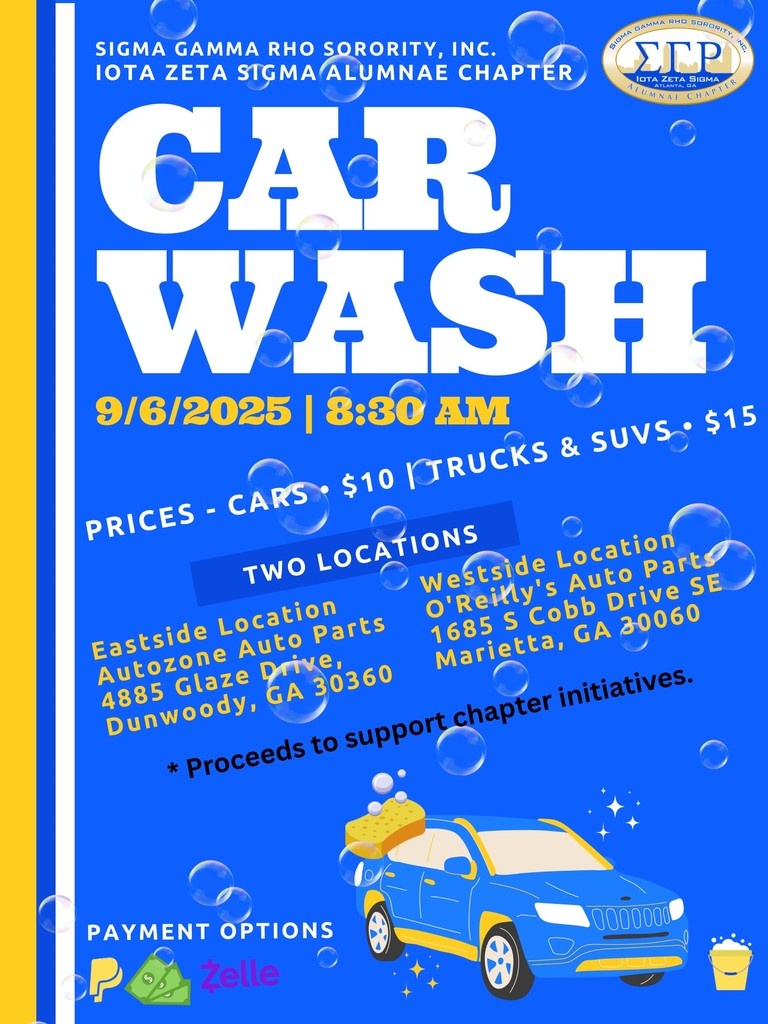 🚗💦 Join us for the Iota Zeta Sigma Alumnae Chapter Car Wash! Two locations, same day, same cause — helping support our chapter initiatives. Come out September 6th at 8:30 AM and let us shine your ride! ✨