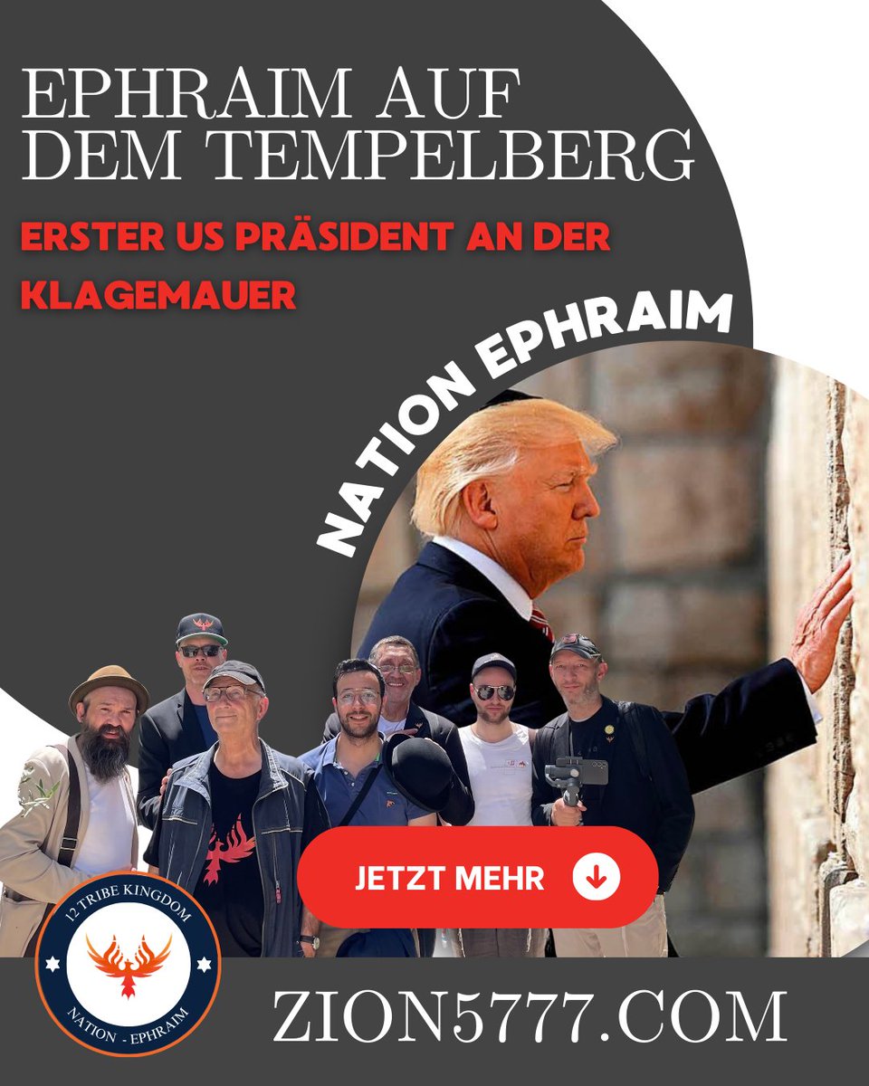 🔥 Historische Ereignis nach 2.700 Jahren.
↪  zion5777.com/returned

📖 am 22. Mai 2017: Zum ersten Mal berührt ein US-Präsident die Klagemauer.

🕎 am 22. Mai 2024: Ephraim steht mit der Menora auf dem Tempelberg