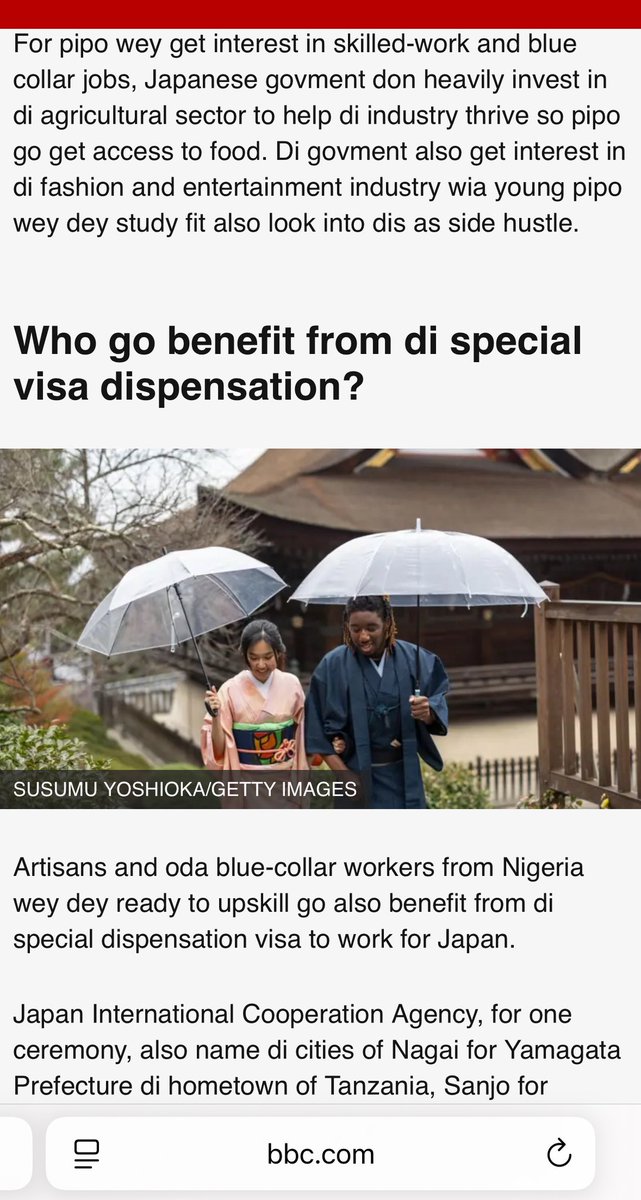 Stand_For_Japan's tweet image. 主にアフリカ人達が主読者であろうBBCニュースのピジン英語版（英語が母語ではない国の人向け）に、かなり具体的な詳細内容が載っていますが熊谷さん読まれましたか？
日本政府は詳細を伏せていますが、単なる交流どころの次元ではないようですよ…