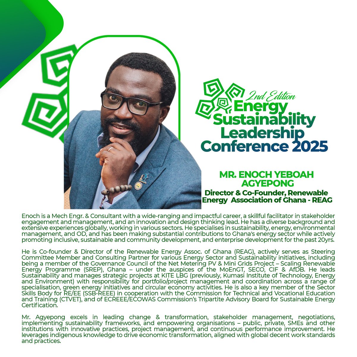 SafetyComCon's tweet photo. Don’t miss Mr. Enoch Yeboah Agyepong, Director &amp; Co-Founder of REAG, speaking at Energy Sustainability Leadership Conf. 2025!

📅 Aug 25 | 📍 Labadi Beach Hotel
✨ 20% OFF – Register: https://t.co/jQ5dbIcRHY

#EnergyLeadership2025 #RenewableEnergy #REAG #GreenFutureGhana https://t.co/ujUldurM9t