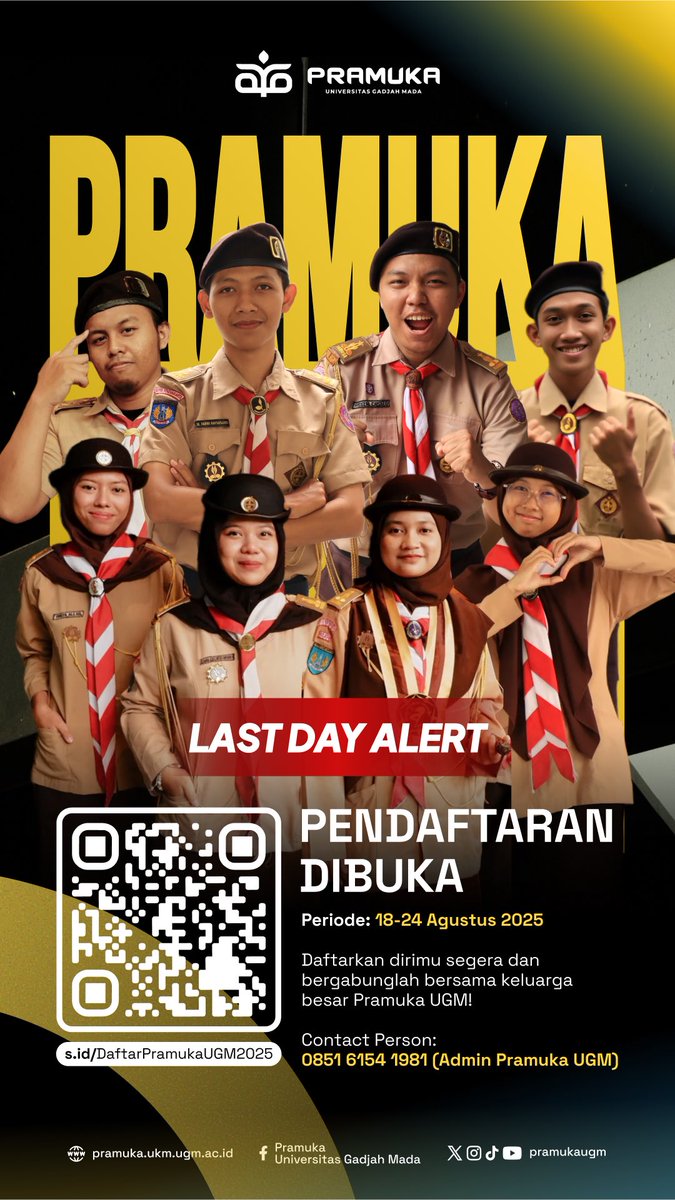 ‼️LAST DAY BANGET PENDAFTARAN PRAMUKA UGM 2025 ⚜

⚠️ DEADLINE ALERT! ⚠️
Pendaftaran : 18 - 24 Agustus 2025
Waktumu tinggal sedikit lagi!😱

Langsung aja scan QR di poster atau klik link sakti di bio kami!
👉 s.id/DaftarPramukaU…

Atau hubungi CP
📞 CP: 0851 6154 1981 (Admin)
