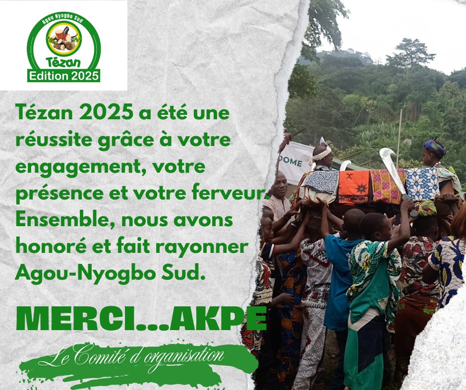 RogerLAS's tweet photo. #Tézan 2025 : Mission accomplie 

Grâce à tous, Tézan  d’#Agou-Nyogbo Sud a été une réussite.
Ensemble, nous avons honoré nos traditions et fait rayonner le canton.
Place maintenant à la réalisation du "Projet EAU"
Un grand MERCI… AKPE à toutes et à tous ! 💚

 #FêteDesIgnames https://t.co/kCpH6UktzA