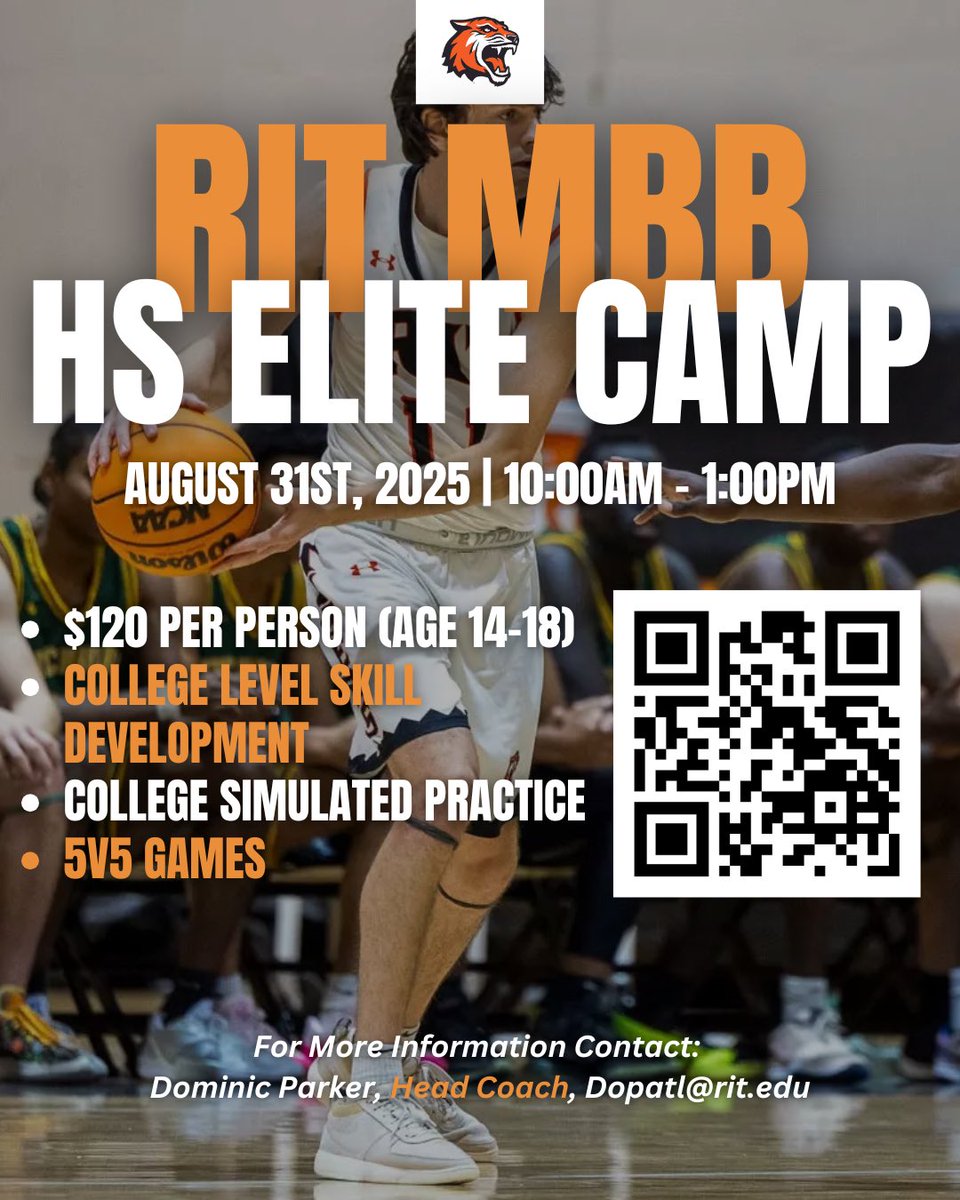 🚨 1 WEEK AWAY! 🚨

Join us for the RIT MBB HS Elite Camp on August 31st, 2025 from 10:00 AM - 1:00 PM

🏀 College-level skill development
🏀 Simulated practice &amp; 5v5 games

Don't miss out! 🔥

📲 Scan the QR code to sign up!