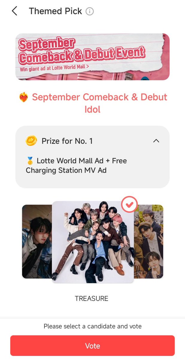 Teuaedols♡ 
Don't forget to vote for TREASURE on choeaedol 
 September Comeback &amp; Debut Idol poll❤️‍🔥
🔗myloveidol.com/themepick/257/…
You can vote 2 times per account, once for free and the other time by watching an ad
#トレジャー #트레저
#PulseRacingForTREASURE
<a href="/treasuremembers/">TREASURE</a>