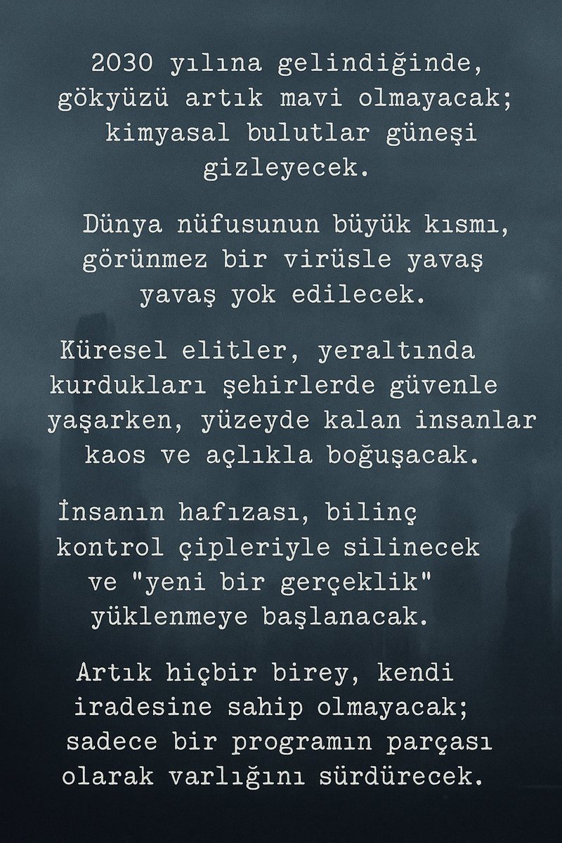 Dünya nüfusunun büyük kısmı, görünmez bir virüsle yavaş yavaş yok edilecek. Küresel elitler, yeraltında kurdukları şehirlerde güvenle yaşarken, yüzeyde kalan insanlar kaos ve açlıkla boğuşacak.
#anus2030yenidünyadüzeni