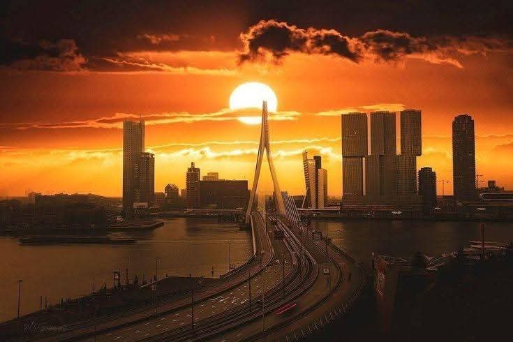 Zicht met een ondergaande zon, met zicht op de kop van zuid, met de kpn gebouw, de rotterdam, de gerechtsgebouw, cruise terminal rotterdam, de nieuwemaas, enz...