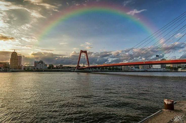 Zicht op de nieuwemaas met de willemsbrug under the rainbow, en op de achtergrond het Witte Huis, en de Maasboulevard, enz...