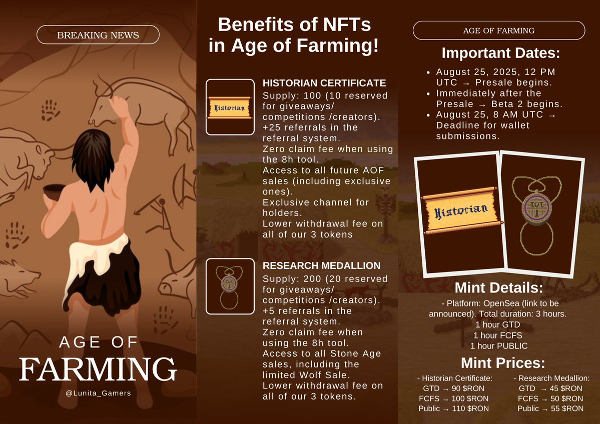 Lunita.ron | KIND⚡$CAG (@lunita_gamers) on Twitter photo <a href="/Age_of_Farming/">Age of Farming Ronin</a> Presale:
🗓️ August 25, 2025 – 12 PM UTC
📍 On OpenSea
📜 Historian Certificate
• Supply: 100
• Price in $RON:
GTD 90
FCFS 100
PUBLIC 110
📿 Research Medallion
• Supply: 200
• Price in $RON:
GTD 45
FCFS 50
PUBLIC 55
More info: discord.gg/ageoffarming <a href="/Age_of_Farming/">Age of Farming Ronin</a> Presale:
🗓️ August 25, 2025 – 12 PM UTC
📍 On OpenSea
📜 Historian Certificate
• Supply: 100
• Price in $RON:
GTD 90
FCFS 100
PUBLIC 110
📿 Research Medallion
• Supply: 200
• Price in $RON:
GTD 45
FCFS 50
PUBLIC 55
More info: discord.gg/ageoffarming