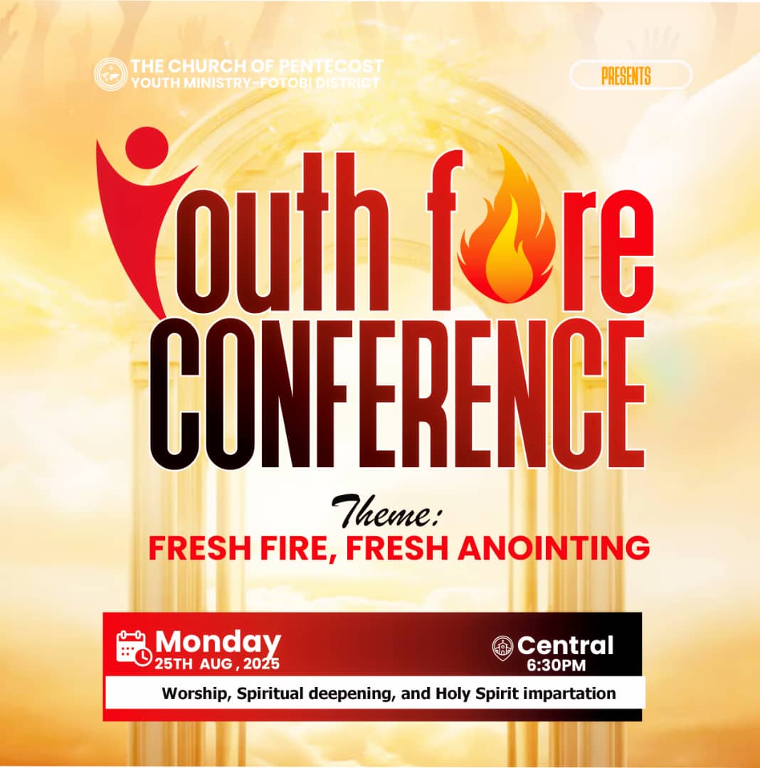 thecopfotobi's tweet photo. The Fire is Coming! Are you hungry for a deeper walk? For a renewed spirit? The Church of Pentecost Youth Ministry - Fotobi District presents the Youth Fire Conference! Expect Fresh Fire, Fresh Anointing, powerful worship, and a life-changing encounter. Monday, August 25th, 6
PM. https://t.co/b1iV5XUhiQ