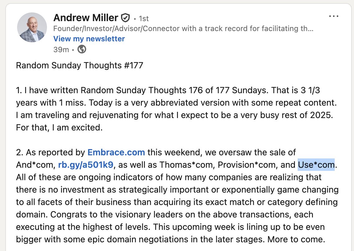 Elliot Silver (@dinvesting) on Twitter photo In his weekly post on LinkedIn this morning, Andrew Miller mentioned he and his team at <a href="/HilcoDigital/">HilcoDigital</a> oversaw the sale of Use.com.
Congratulations, <a href="/amiller325gd/">Andrew Miller</a>. In his weekly post on LinkedIn this morning, Andrew Miller mentioned he and his team at <a href="/HilcoDigital/">HilcoDigital</a> oversaw the sale of Use.com.
Congratulations, <a href="/amiller325gd/">Andrew Miller</a>.