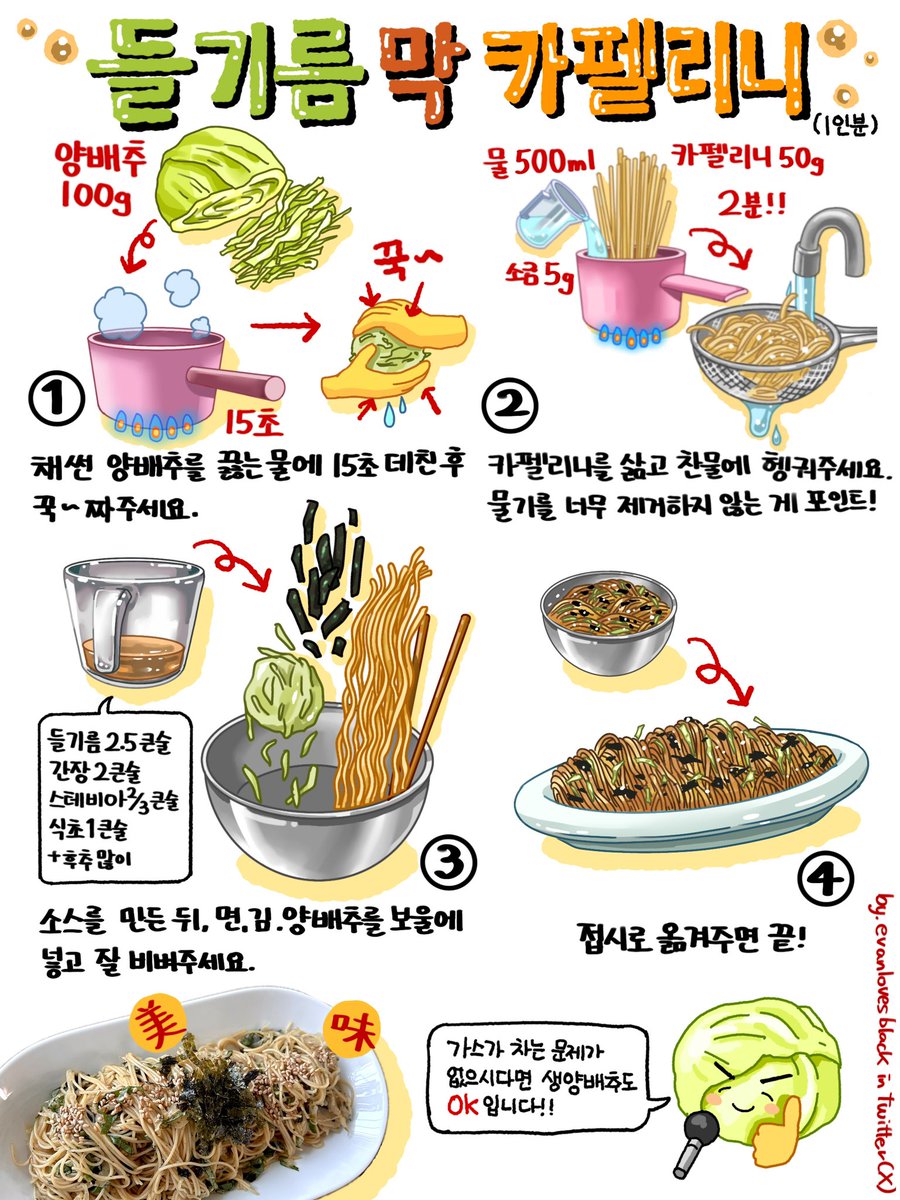 고소한 맛 폭발!
채소까지 같이 먹을 수 있는 들기름막카펠리니 입니다💚

면을 줄이고 양배추로 대체해서 저속노화에 초점을 맞춰봤어용!

김은 넣고 싶은 만큼 넣어주시면 되고요ㅎ저는 깻잎도 3-4장 잘라 넣는 걸 추천드려요! 후추는 많이많이🧂사진처럼 마늘 구운 슬라이스 넣으면 너무 맛있어요🧄