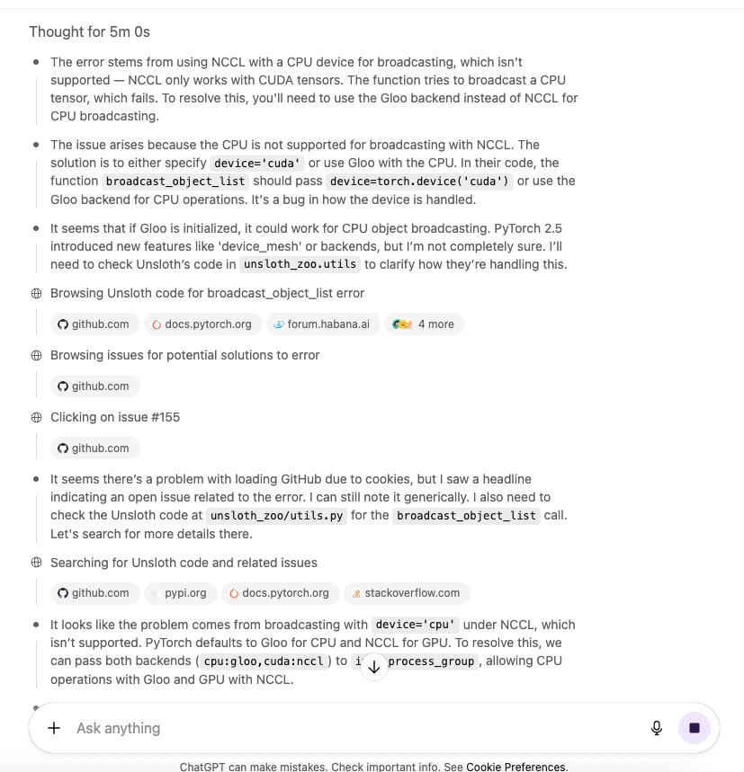 One really good use-case of GPT-5 thinking is that when I hit certain errors or want to know how things work internally or why a particular framework does a certain thing, I can just tell it to go and look through the source code and docs and it usually nails it.