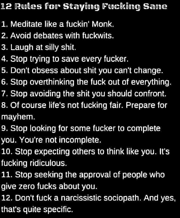 12 Rules for Staying Fucking Sane…

1. Meditate like a fuckin' Monk.
2. Avoid debates with fuckwits.
3. Laugh at silly shit.
4. Stop trying to save every fucker.
5. Don't obsess about shit you can't change.
6. Stop overthinking the fuck out of everything.
7. Stop avoiding the