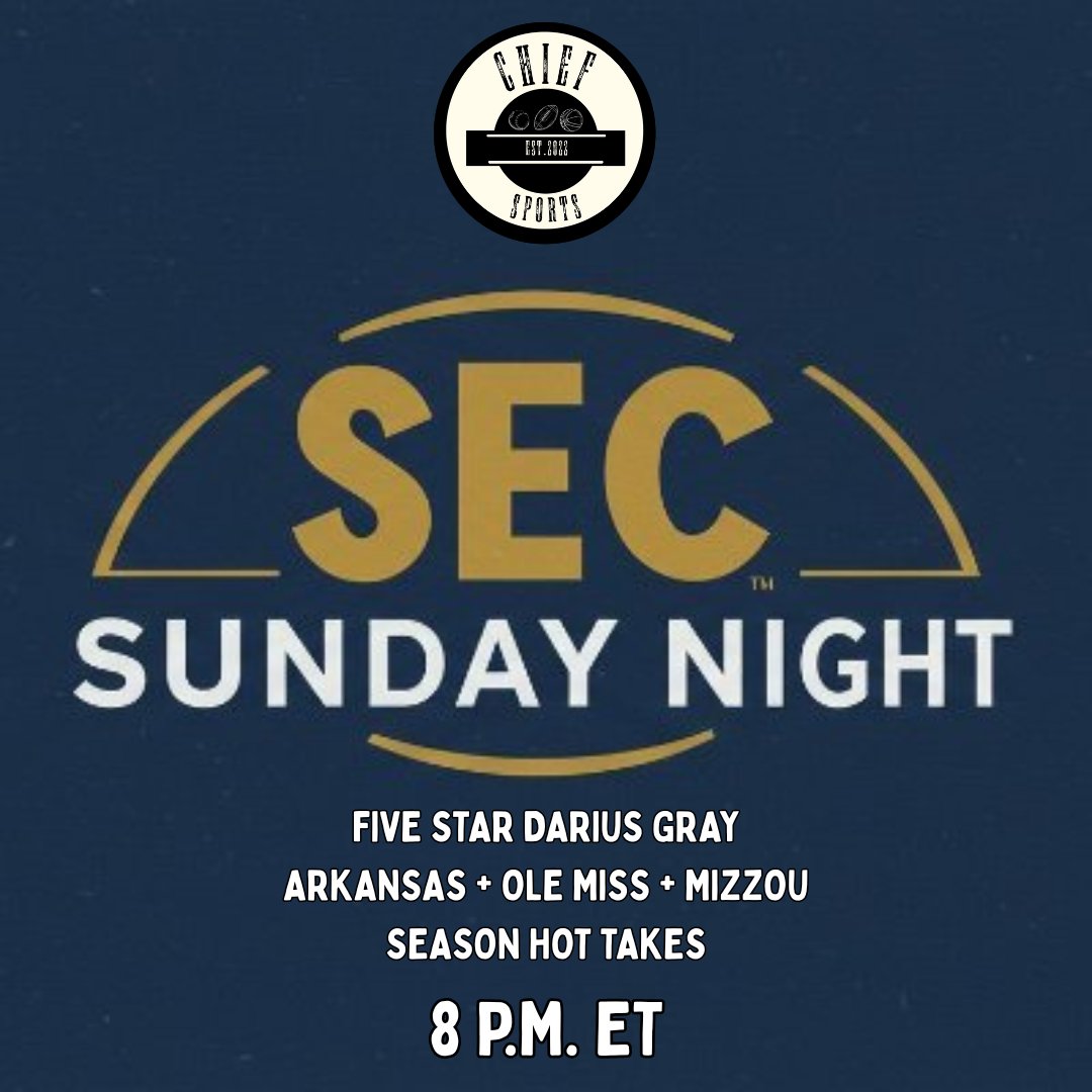 College Football Forever (@4evercfb) on Twitter photo IN FOUR HOURS: It's a packed episode of SEC Sunday Night with <a href="/RobWilliamsGCP/">Rob Williams</a> and <a href="/mcmicha7/">Craig McMichael</a> ...
GUESTS
<a href="/MaggieLJohnson/">Maggie Johnson</a> (Mizzou)
<a href="/ConnorGoodson/">Connor Goodson</a> (Hawgs)
<a href="/Rebels247/">David Johnson</a> (Ole Miss)
<a href="/dariusgrayy_/">DG</a> (five-star Gamecock commit)
Stream it live on the <a href="/ChiefSportsNet/">Chief Sports Network</a> app, YouTube or here on IN FOUR HOURS: It's a packed episode of SEC Sunday Night with <a href="/RobWilliamsGCP/">Rob Williams</a> and <a href="/mcmicha7/">Craig McMichael</a> ...
GUESTS
<a href="/MaggieLJohnson/">Maggie Johnson</a> (Mizzou)
<a href="/ConnorGoodson/">Connor Goodson</a> (Hawgs)
<a href="/Rebels247/">David Johnson</a> (Ole Miss)
<a href="/dariusgrayy_/">DG</a> (five-star Gamecock commit)
Stream it live on the <a href="/ChiefSportsNet/">Chief Sports Network</a> app, YouTube or here on