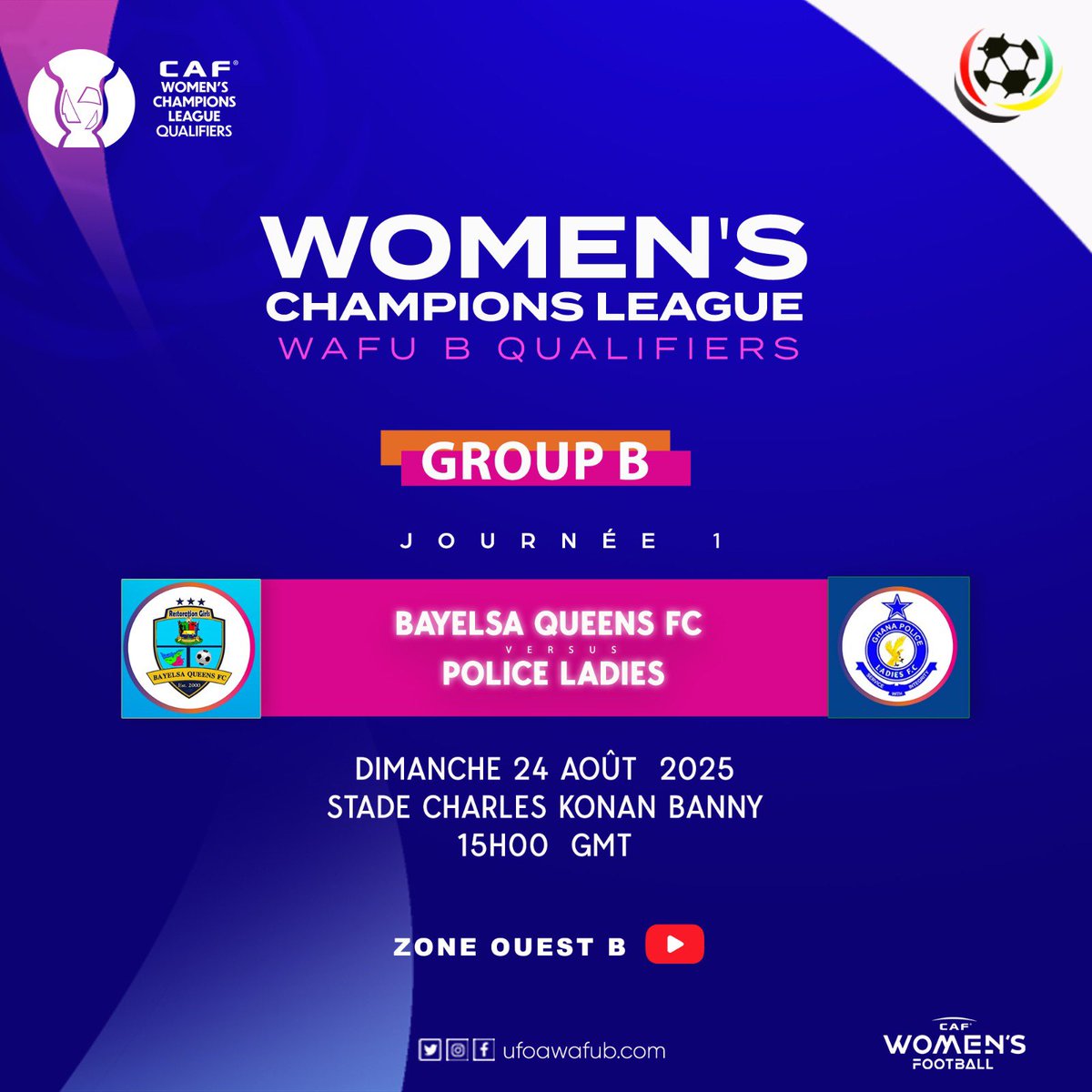 NosaIgunma1's tweet photo. The CAF Women’s Champions League WAFU B kicks off! ⚽🔥

Bayelsa Queens 🇳🇬 vs Police Ladies 🇬🇭
📍 Stade Charles Konan Banny, Yamoussoukro, Côte d’Ivoire
🗓️ Group B opener

Follow me for live updates &amp; highlights 🚀
Sponsored by Victoria Football Academy (VFA) &amp; Y&amp;T Sports. https://t.co/HUau9GXPTH