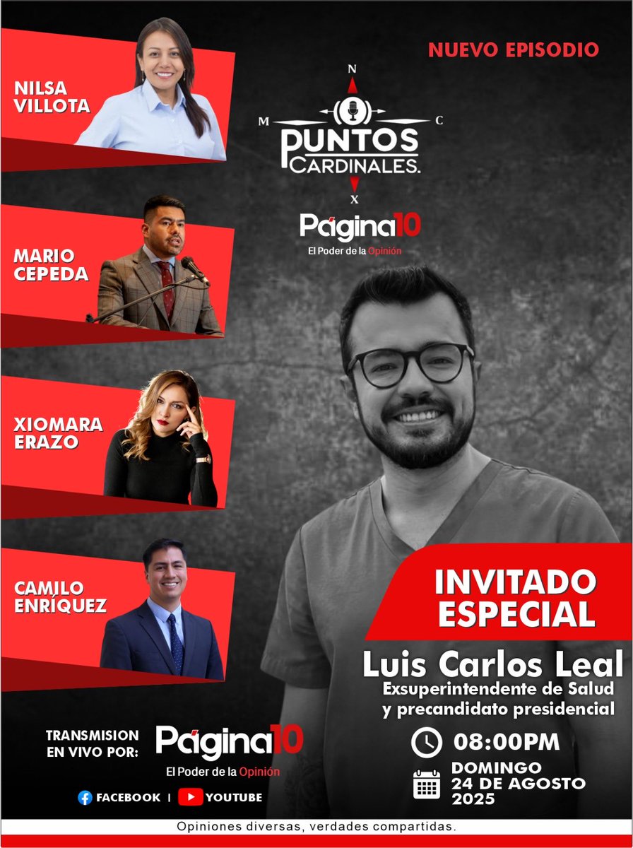 V. Camilo Enriquez Zutta (@camiloenz) on Twitter photo Hoy en #PuntosCardinales por <a href="/Pag10com/">Página 10</a> tendremos como invitado a uno de los principales exponentes del actual gobierno, <a href="/LuisCarlosLealA/">Luis Carlos Leal A🏳️🌈🏳️⚧️</a>. No se lo pierdan por las redes de <a href="/Pag10com/">Página 10</a> 8pm.
<a href="/mariocepedabra/">Mario Cepeda Bravo</a> <a href="/NilsaVillotaR/">Nilsa Villota Rosero</a> #XiomaraErazo Hoy en #PuntosCardinales por <a href="/Pag10com/">Página 10</a> tendremos como invitado a uno de los principales exponentes del actual gobierno, <a href="/LuisCarlosLealA/">Luis Carlos Leal A🏳️🌈🏳️⚧️</a>. No se lo pierdan por las redes de <a href="/Pag10com/">Página 10</a> 8pm.
<a href="/mariocepedabra/">Mario Cepeda Bravo</a> <a href="/NilsaVillotaR/">Nilsa Villota Rosero</a> #XiomaraErazo