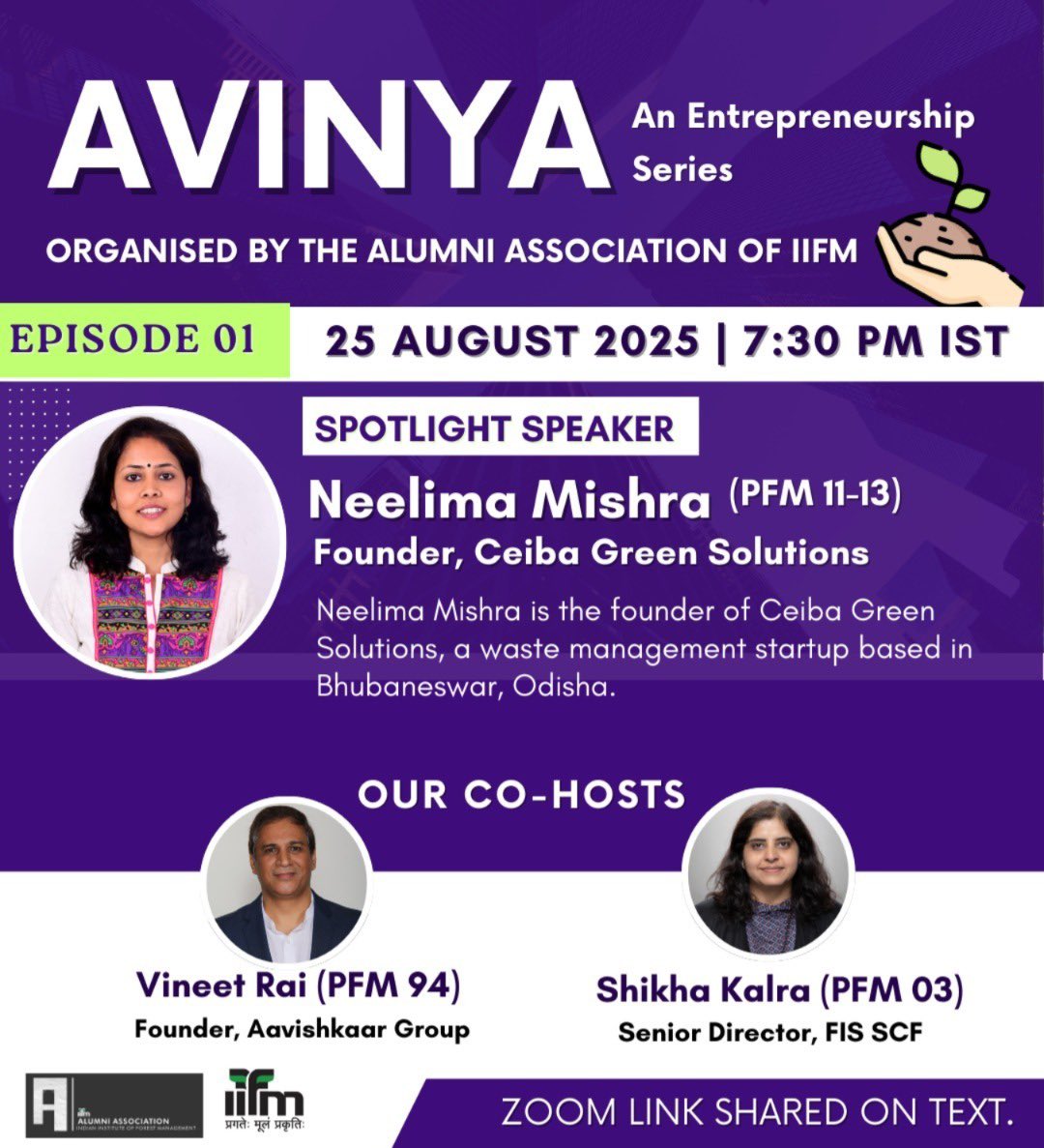 ⏰ It’s Happening Tomorrow! The first episode of Avinya is here.

Join us for an inspiring session with Ms Neelima Mishra as she shares her entrepreneurial journey and insights.

Zoom link shared on WhatsApp &amp; Mail.

📍 Online | Open to all IIFM alumni, faculty &amp; students.