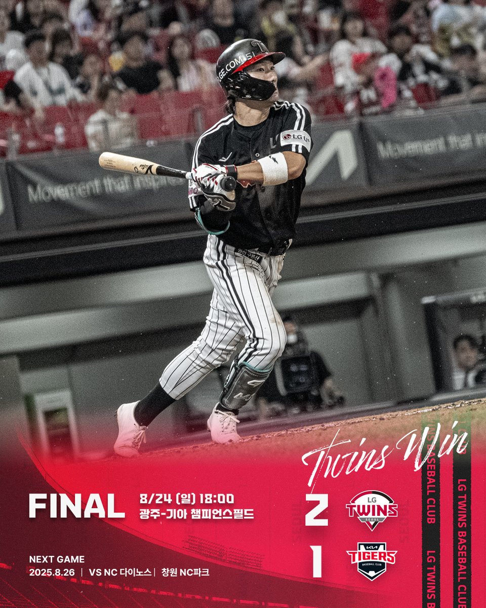 8월 24일(일) 오후 6시 vs KIA, 광주-기아 챔피언스필드

📍최종 스코어 [LG 2 - 1 KIA]

승리 : 톨허스트
세이브 : 유영찬

📢다음 경기
8월 26일(화) vs NC, 창원 NC파크

#2025_KBO
#LG트윈스 #LGTWINS #엘지트윈스