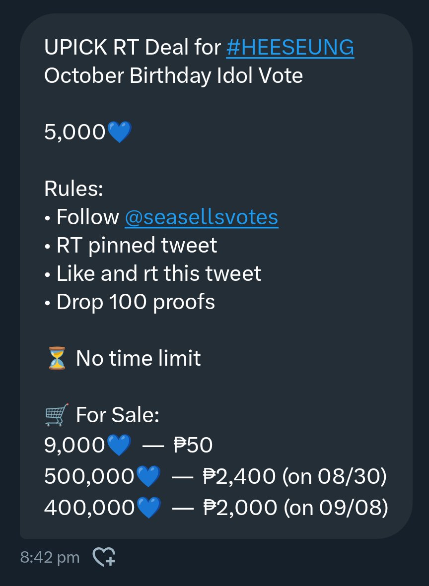 HEESEUNG VOTING (LHSVT) (@heeseungvoting) on Twitter photo UPICK RT Deal for #HEESEUNG
October Birthday Idol Vote
5,000๐
Rules:
โข Follow <a href="/seasellsvotes/">seasellsvotes ๐</a>
โข RT pinned tweet
โข Like and rt this tweet
โข Drop 100 proofs
โณ No time limit
๐ For Sale:
9,000๐ โ โฑ50
500,000๐ โ โฑ2,400 (on 08/30)
400,000๐ โ โฑ2,000 (on 09/08) UPICK RT Deal for #HEESEUNG
October Birthday Idol Vote
5,000๐
Rules:
โข Follow <a href="/seasellsvotes/">seasellsvotes ๐</a>
โข RT pinned tweet
โข Like and rt this tweet
โข Drop 100 proofs
โณ No time limit
๐ For Sale:
9,000๐ โ โฑ50
500,000๐ โ โฑ2,400 (on 08/30)
400,000๐ โ โฑ2,000 (on 09/08)