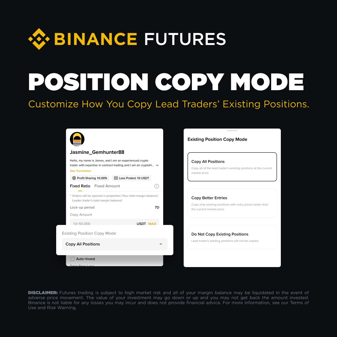 paramaker1's tweet image. 交易者现可自定义复制领交易者的持仓，获得更多控制权：
🔸仅复制更优入场价 
🔸复制所有现有仓位
🔸仅复制新仓位

该更新正在网络和应用程序上逐步推出，可能需要几天时间才能到达您手中。

了解更多  binance.com/en/support/faq…

@binance @sisibinance