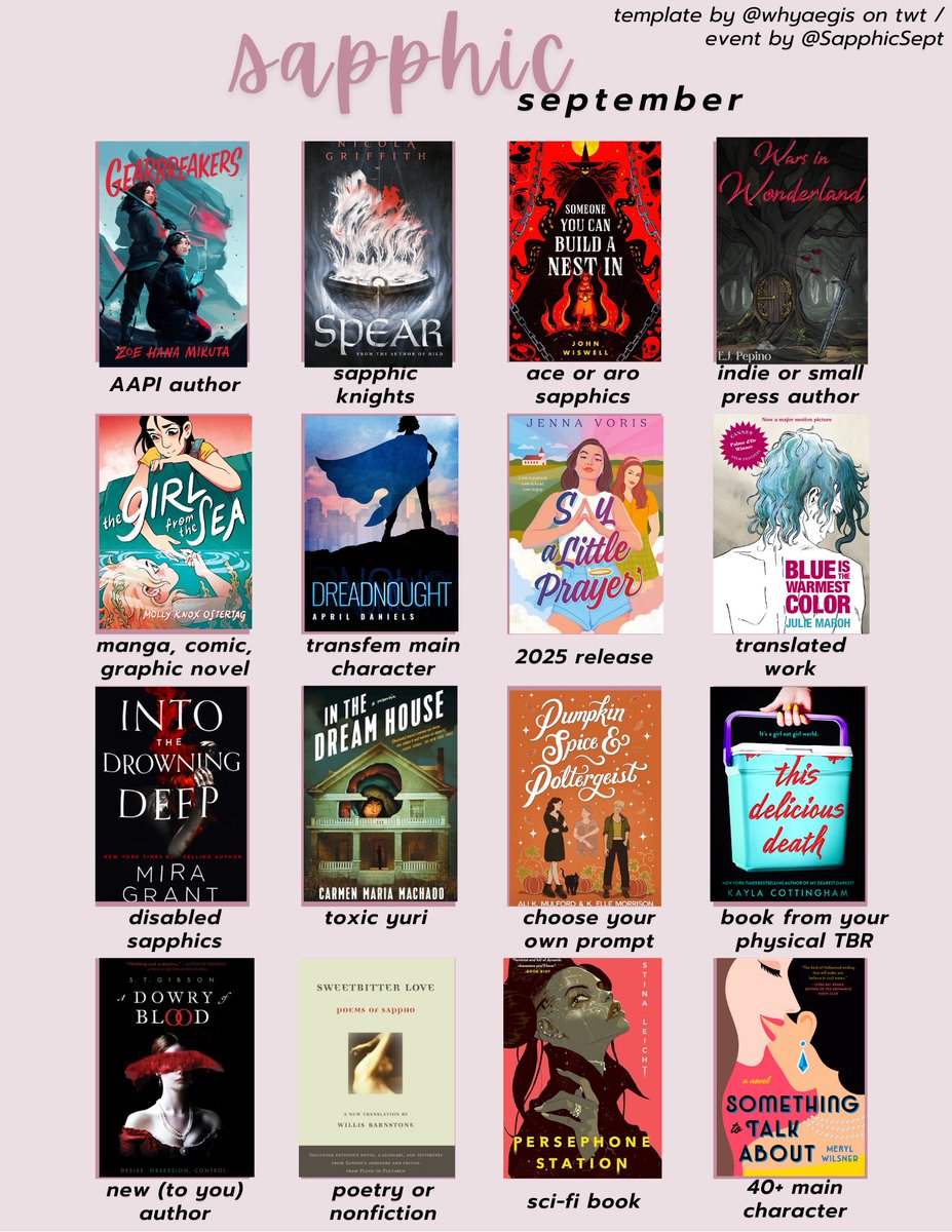 Here's my #SapphicSeptember reading list! Will I read all of these in September? Probably not since I'll be traveling most of the month, but I'll be doing my best. This list isn't set in stone, so any and all recommendations are still welcome #BookTwt!